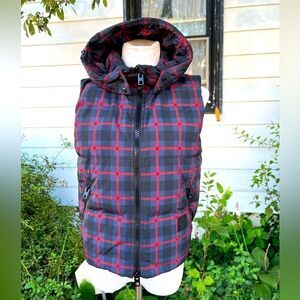 *** Coach Riley Plaid Navy Crimson Vest Gray Duck Puffer Hoodie S (N)